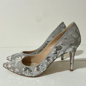 Gianvito Rossi Daze Satin Heels Pumps Shoes Silver Sequin Leopard 37.5